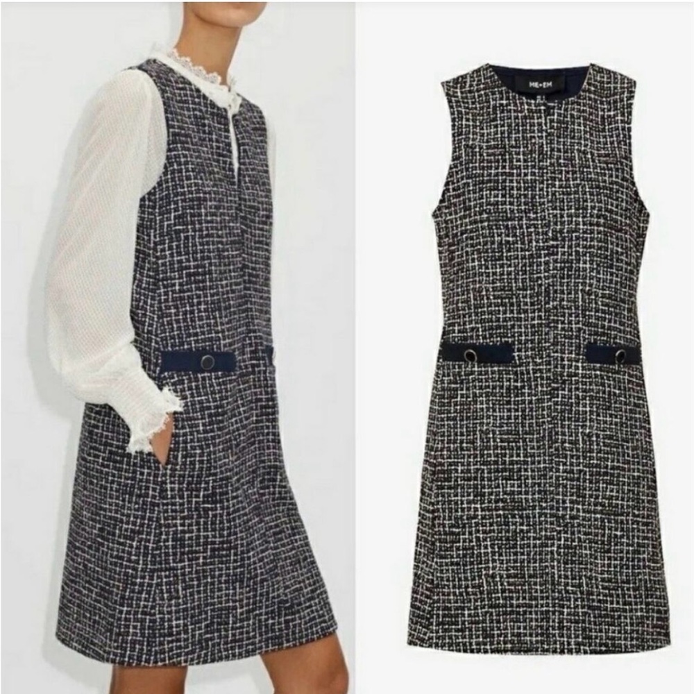 ME+EM Ponte Jacquard Tweed Shift Mini Dress Navy Blue Office Work Size 4